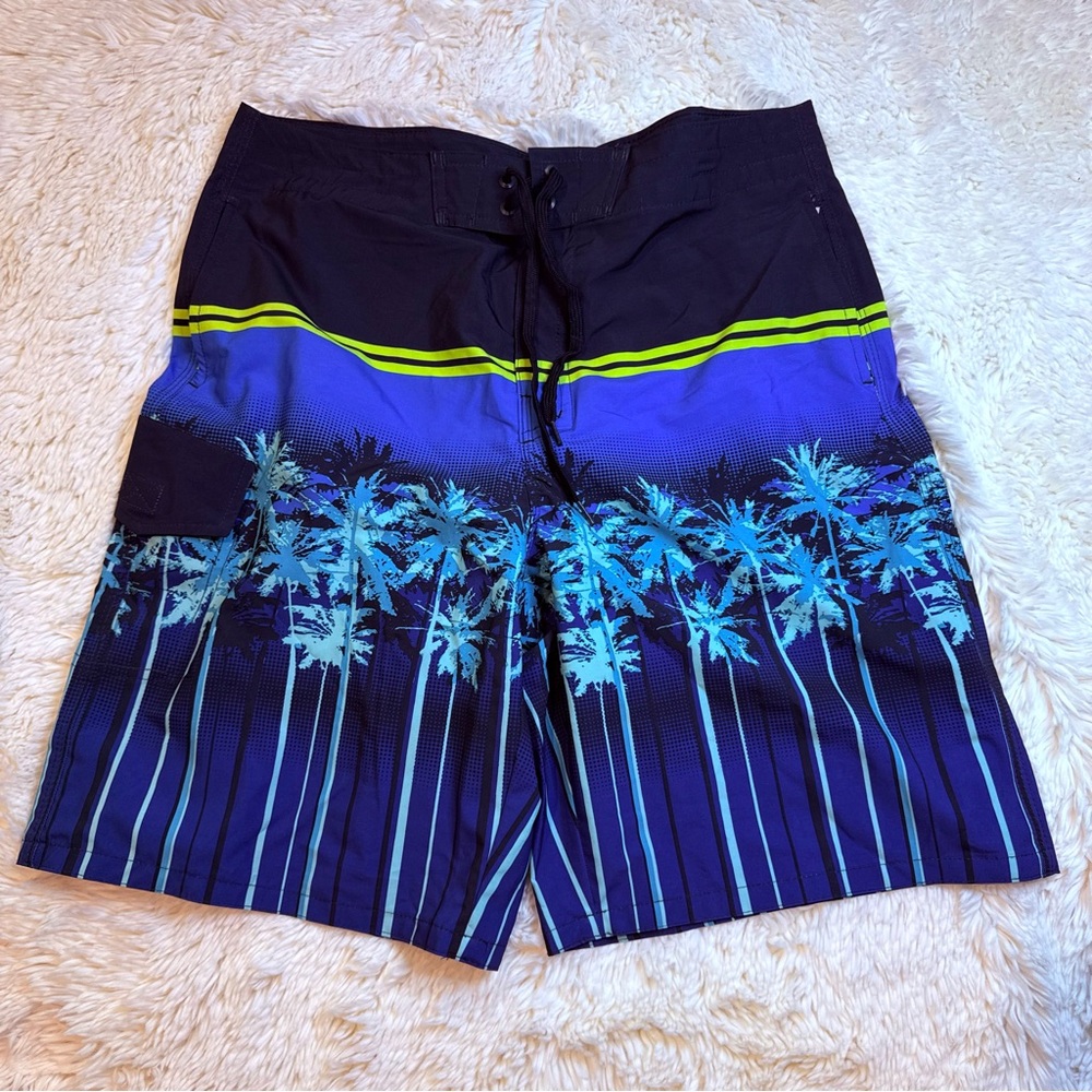 Route 66 Black/Blue Palm Tree Board Shorts 34” waist no liner 9-1/2” inseam